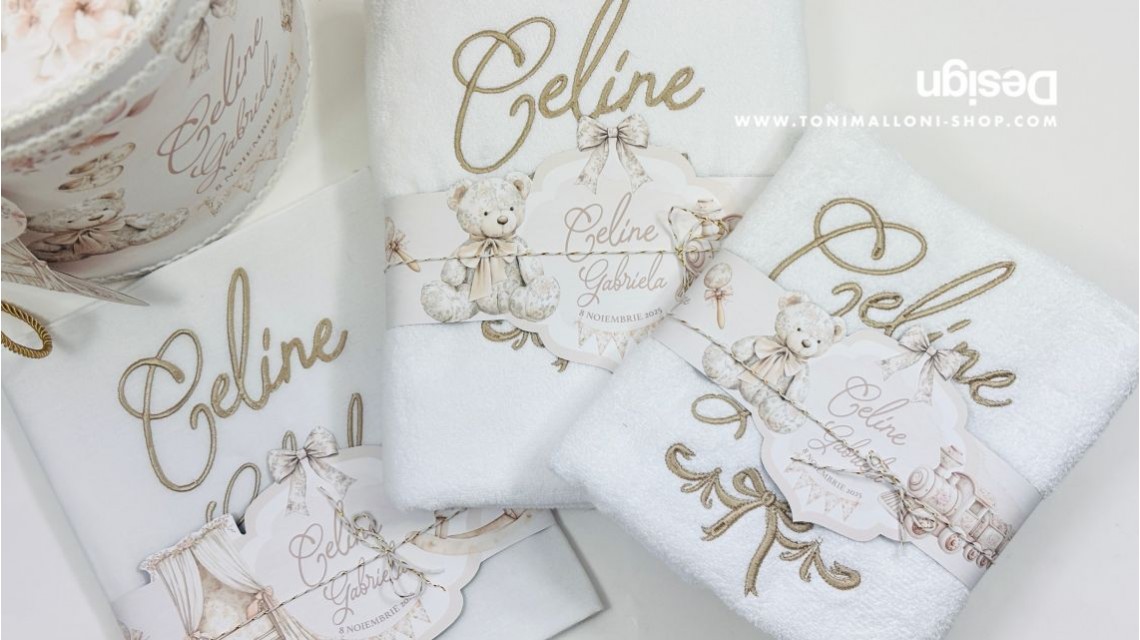 Trusou botez Nude Teddy Bear Toile de Jouy bej crem cu accente light pink și pattern floral vintage 37